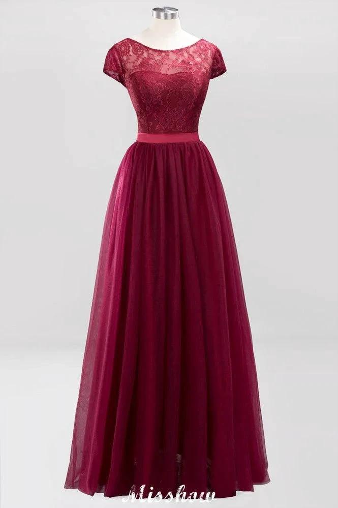 Elegant Cap Sleeves Floral aline Evening Swing Dress Appliques Tulle Bridesmaid Dress by misshow.com