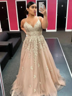 Elegant Champagne Long A Line V Neck Tulle Lace Evening Formal Prom Dresses by BIZTUNNEL