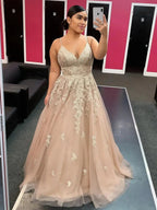 Elegant Champagne Long A Line V Neck Tulle Lace Evening Formal Prom Dresses by BIZTUNNEL