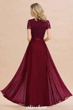 Elegant Chiffon Lace Jewel Short Sleeves Floor-Length A-Line Bridesmaid Dress by misshow.com