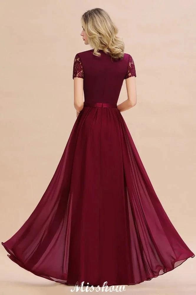 Elegant Chiffon Lace Jewel Short Sleeves Floor-Length A-Line Bridesmaid Dress by misshow.com
