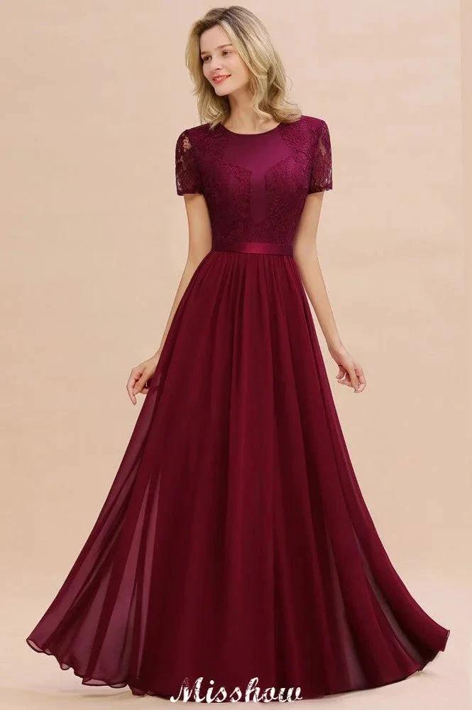 Elegant Chiffon Lace Jewel Short Sleeves Floor-Length A-Line Bridesmaid Dress by misshow.com