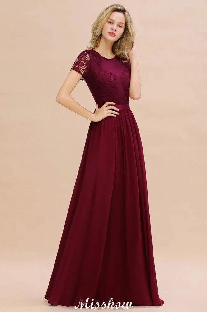 Elegant Chiffon Lace Jewel Short Sleeves Floor-Length A-Line Bridesmaid Dress by misshow.com