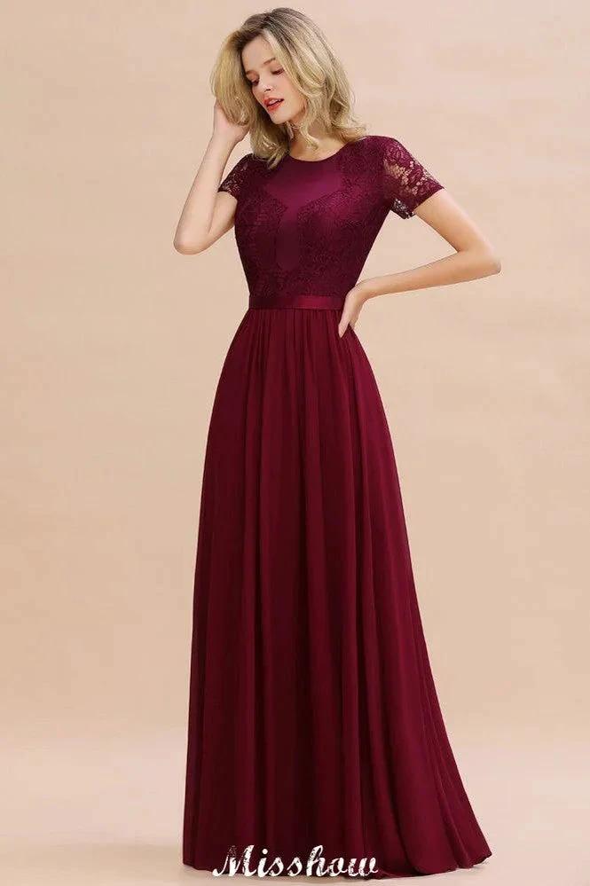 Elegant Chiffon Lace Jewel Short Sleeves Floor-Length A-Line Bridesmaid Dress by misshow.com