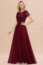 Elegant Chiffon Lace Jewel Short Sleeves Floor-Length A-Line Bridesmaid Dress by misshow.com