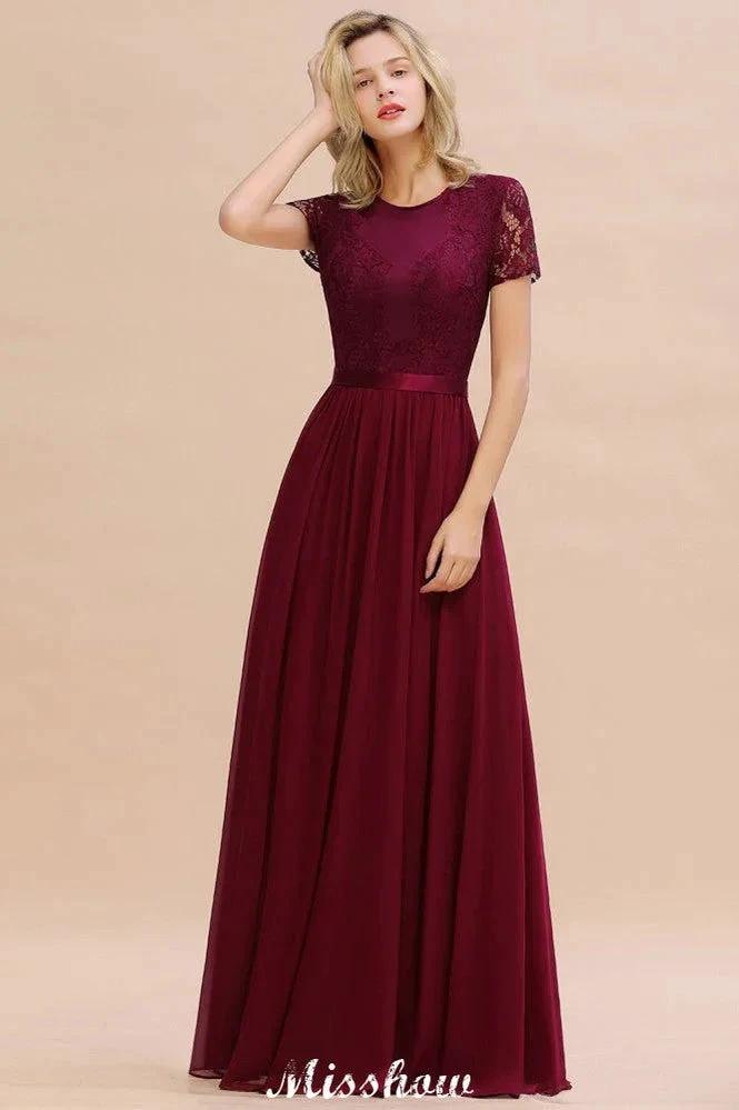 Elegant Chiffon Lace Jewel Short Sleeves Floor-Length A-Line Bridesmaid Dress by misshow.com