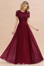 Elegant Chiffon Lace Jewel Short Sleeves Floor-Length A-Line Bridesmaid Dress by misshow.com