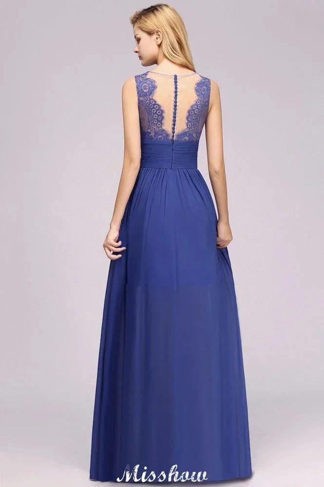 Elegant Chiffon Lace Jewel Sleeveless Floor-Length A-Line Ruffles Bridesmaid Dress by misshow.com