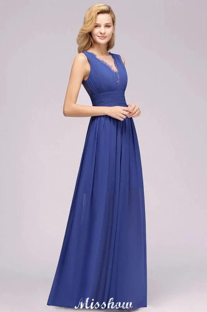 Elegant Chiffon Lace Jewel Sleeveless Floor-Length A-Line Ruffles Bridesmaid Dress by misshow.com