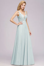 Elegant Chiffon Lace V-Neck Sleeveless Floor-Length A-Line Bridesmaid Dress with Beadings