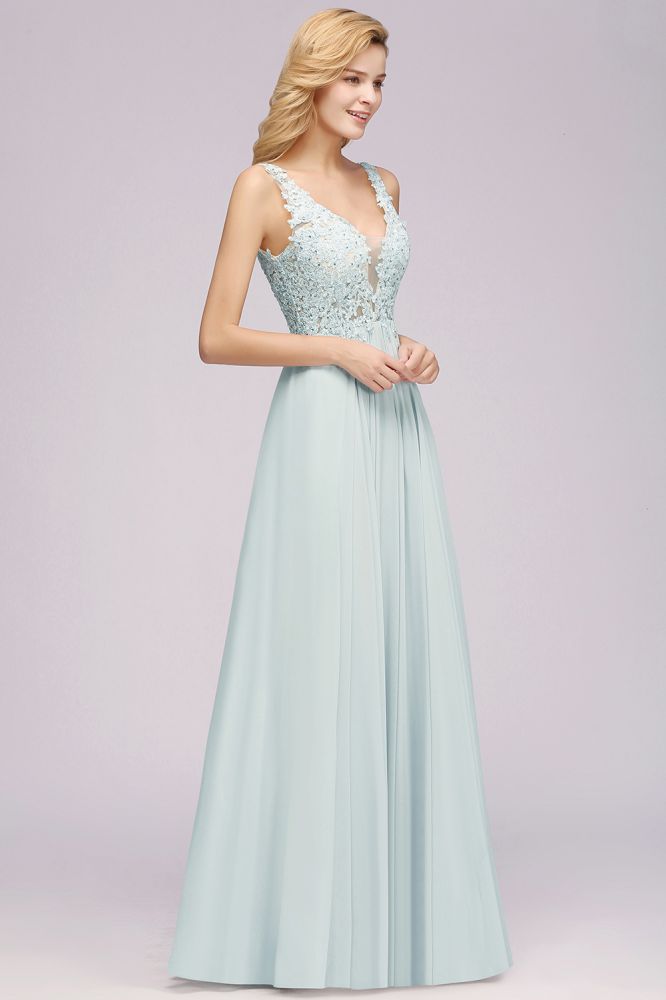 Elegant Chiffon Lace V-Neck Sleeveless Floor-Length A-Line Bridesmaid Dress with Beadings