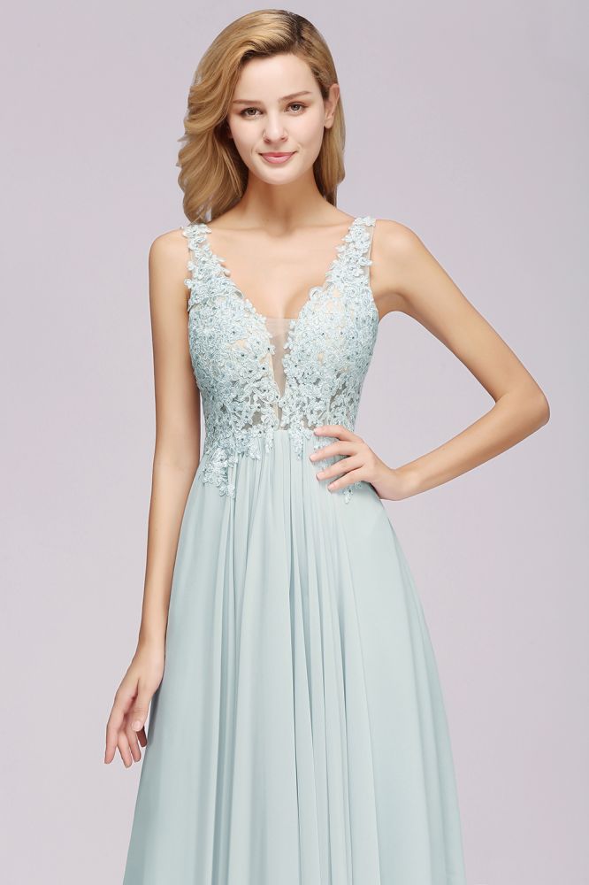 Elegant Chiffon Lace V-Neck Sleeveless Floor-Length A-Line Bridesmaid Dress with Beadings