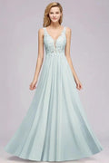 Elegant Chiffon Lace V-Neck Sleeveless Floor-Length A-Line Bridesmaid Dress with Beadings by misshow.com