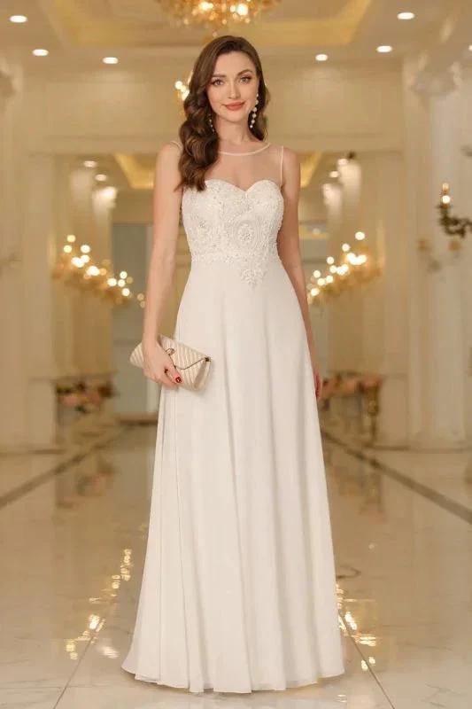 Elegant Chiffon Sleevless Evening Dress Scoop Neck Lace Apliques Bridesmaid Dress by misshow.com