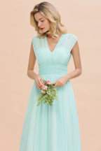 Elegant Chiffon V-Neck Sleeveless Floor-Length A-line Bridesmaid Dress with Ruffles