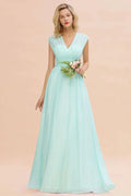 Elegant Chiffon V-Neck Sleeveless Floor-Length A-line Bridesmaid Dress with Ruffles by misshow.com