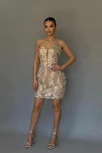 Elegant Column Lace Sleeveless Short Homecoming Dress With Appliques by misshow.com