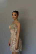 Elegant Column Lace Sleeveless Short Homecoming Dress With Appliques by misshow.com