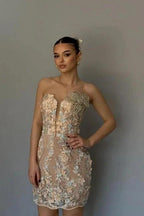 Elegant Column Lace Sleeveless Short Homecoming Dress With Appliques by misshow.com