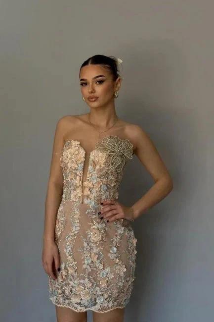 Elegant Column Lace Sleeveless Short Homecoming Dress With Appliques by misshow.com