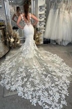 Elegant Column Lace Spaghetti Straps Sleeveless White Wedding Dress With Appliques Train by misshow.com