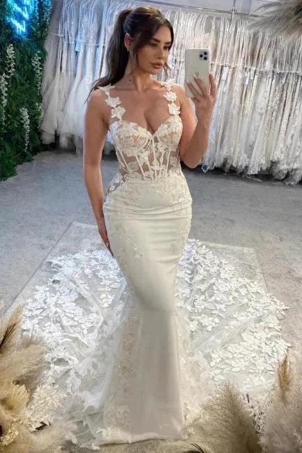 Elegant Column Lace Spaghetti Straps Sleeveless White Wedding Dress With Appliques Train by misshow.com