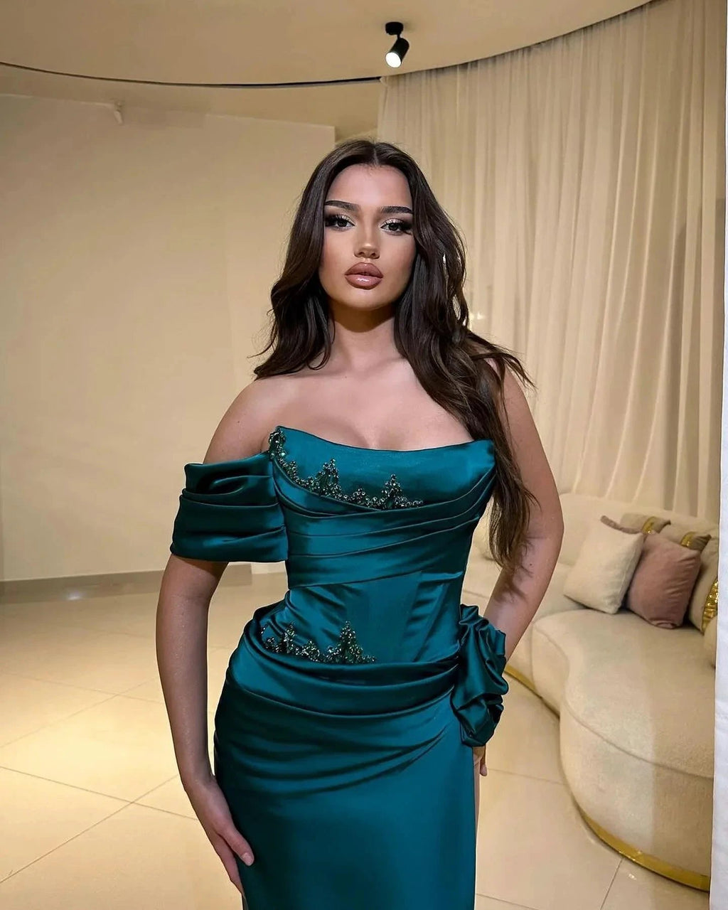 Elegant Column Satin One Shoulder Sleeveless Prom Dresses With Appliques Split Front by misshow.com