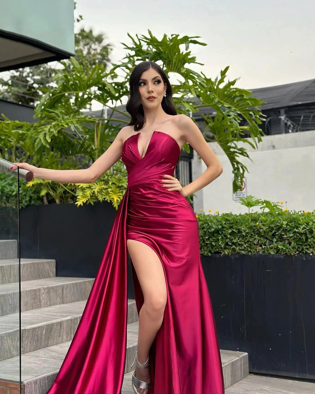 Elegant Column Satin V-Neck Sleeveless Red Prom Dresses With Ruffles Split Front by misshow.com