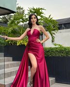 Elegant Column Satin V-Neck Sleeveless Red Prom Dresses With Ruffles Split Front by misshow.com
