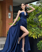 Elegant Column Satin V-Neck Sleeveless Red Prom Dresses With Ruffles Split Front by misshow.com
