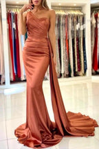 Elegant Coral One-shoulder Sleeveless Mermaid Floor-Length Satin Prom Dresses with Ruffles by misshow.com