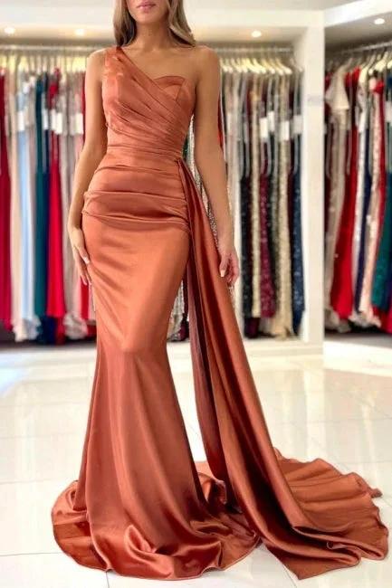 Elegant Coral One-shoulder Sleeveless Mermaid Floor-Length Satin Prom Dresses with Ruffles by misshow.com
