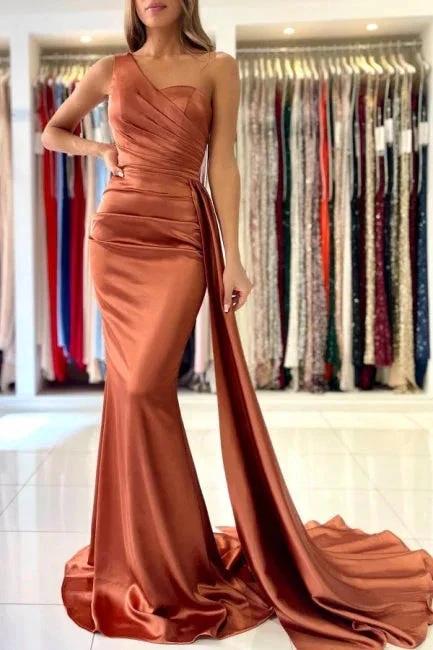 Elegant Coral One-shoulder Sleeveless Mermaid Floor-Length Satin Prom Dresses with Ruffles by misshow.com