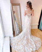 Elegant Cream Appliques Mermaid Wedding Dresses with Lace by misshow.com