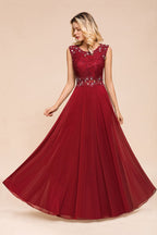 Elegant Crew Neck aline Beading Evening Dress Sleeveless Lace Floor Length Party Dress