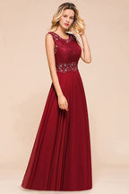 Elegant Crew Neck aline Beading Evening Dress Sleeveless Lace Floor Length Party Dress