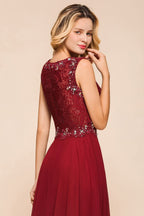 Elegant Crew Neck aline Beading Evening Dress Sleeveless Lace Floor Length Party Dress
