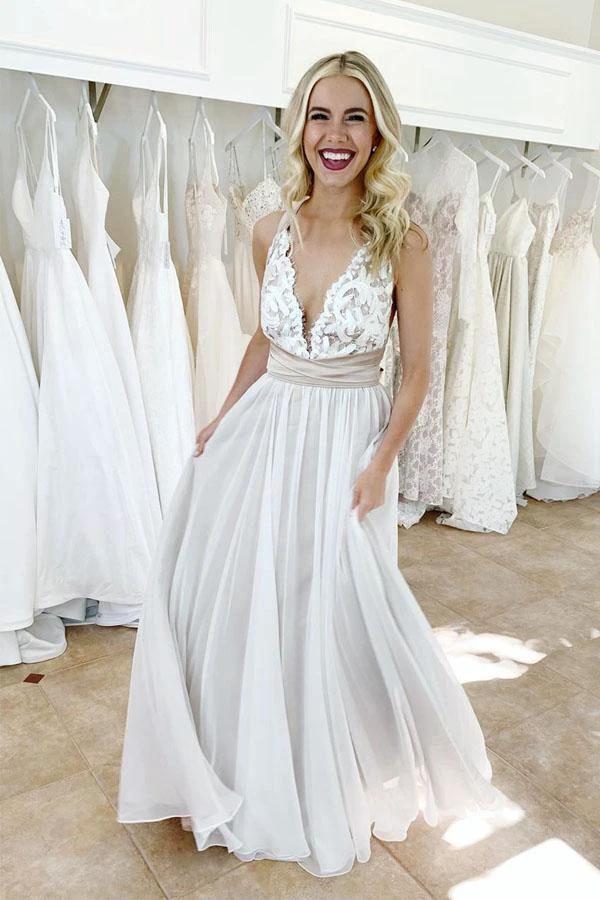 Elegant Criss Cross Deep V-Neck Wedding Dress with Waistband WD443 by pgmdress