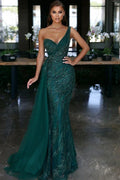 Elegant Dark Green V-neck One Shoulder Beading Prom Dress by misshow.com