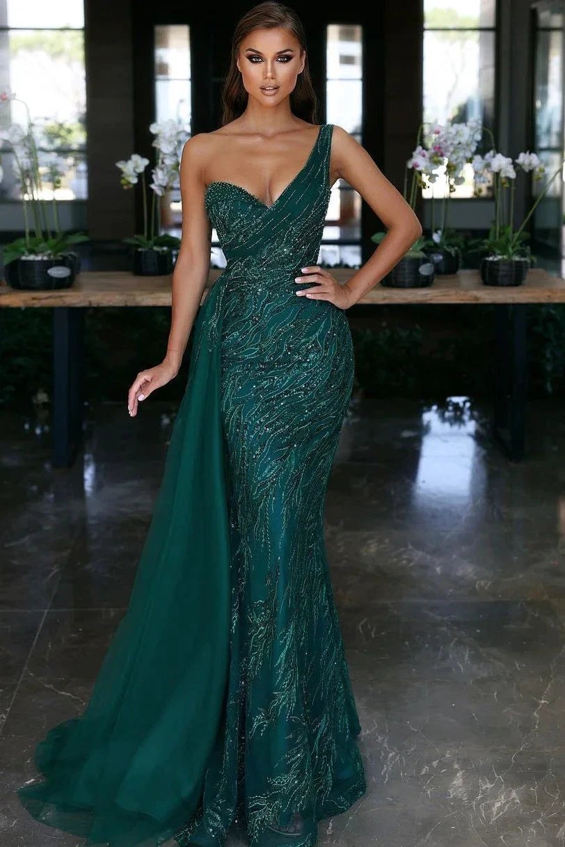 Elegant Dark Green V-neck One Shoulder Beading Prom Dress by misshow.com