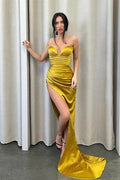 Elegant Designer Yellow Sleeveless Mermaid Prom Dress With Slit by misshow.com
