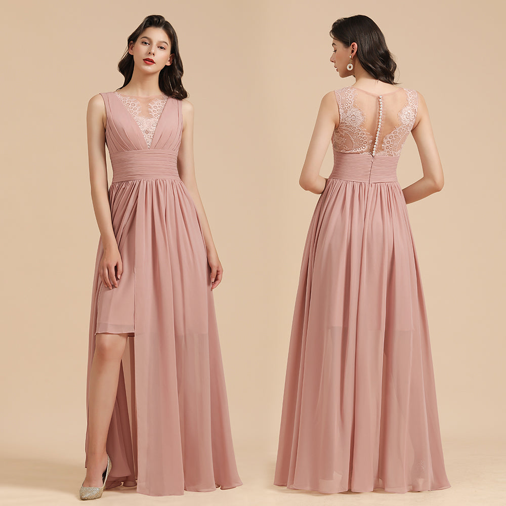 Elegant Dusty Pink Sleeveless Floral Lace Bridesmaid Dress Side Split Party Dress