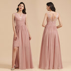 Elegant Dusty Pink Sleeveless Floral Lace Bridesmaid Dress Side Split Party Dress
