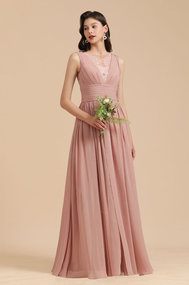 Elegant Dusty Pink Sleeveless Floral Lace Bridesmaid Dress Side Split Party Dress