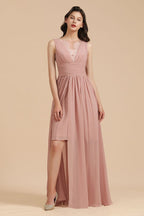 Elegant Dusty Pink Sleeveless Floral Lace Bridesmaid Dress Side Split Party Dress