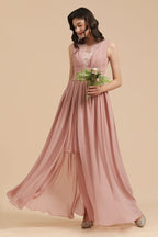 Elegant Dusty Pink Sleeveless Floral Lace Bridesmaid Dress Side Split Party Dress