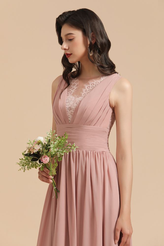 Elegant Dusty Pink Sleeveless Floral Lace Bridesmaid Dress Side Split Party Dress