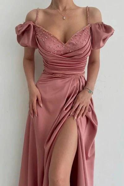Elegant Dusty Rose Off-the-shoulder A-line Prom Dress With Slit by misshow.com