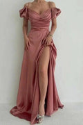 Elegant Dusty Rose Off-the-shoulder A-line Prom Dress With Slit by misshow.com
