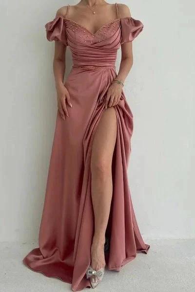 Elegant Dusty Rose Off-the-shoulder A-line Prom Dress With Slit by misshow.com